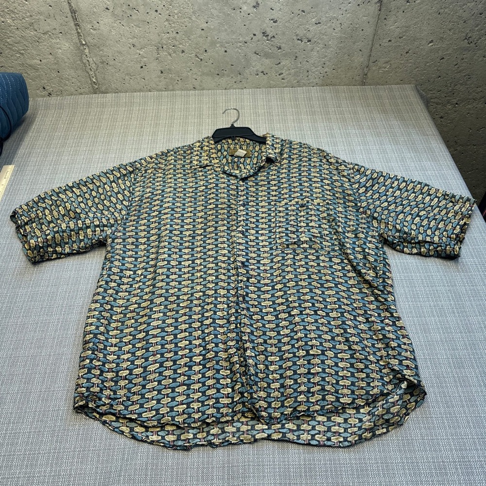 Retro Silk Button‎ Up Geometric Print Shirt Mens XL Statement Vacation Resort